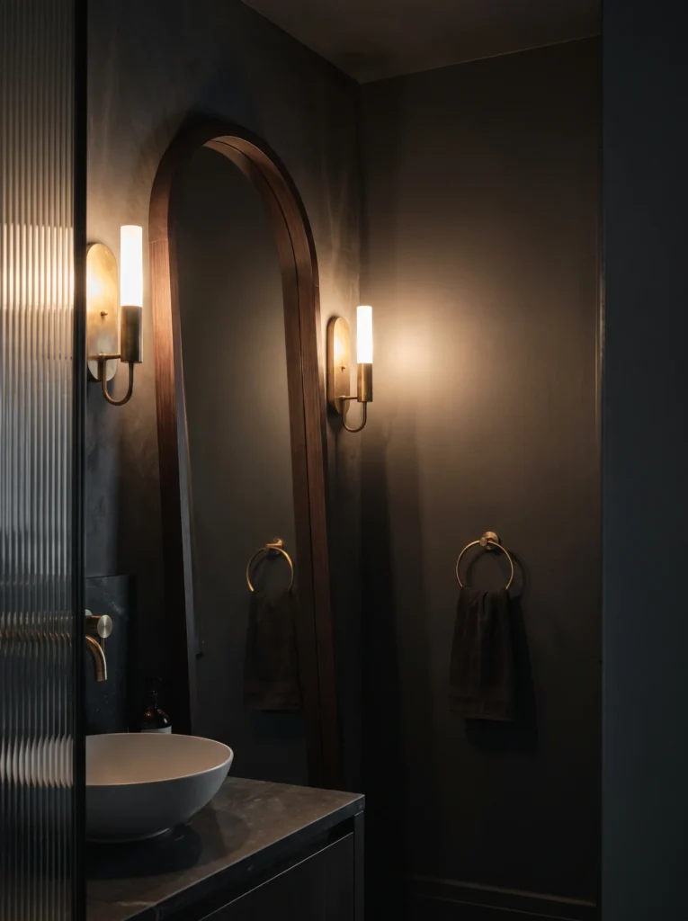  tall arched walnut-framed mirror in a dark powder room with brass tube sconces and a white vessel sink