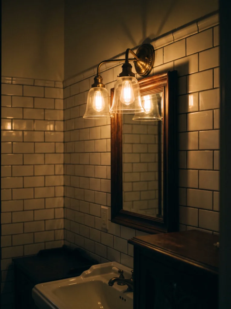 antique brass two-bulb wall sconce above a bathroom mirror casting warm 2700K light