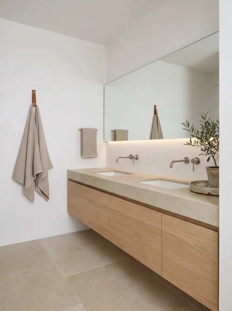 minimalist white bathroom with floating oak double vanity, beige limestone countertop and long backlit mirror
