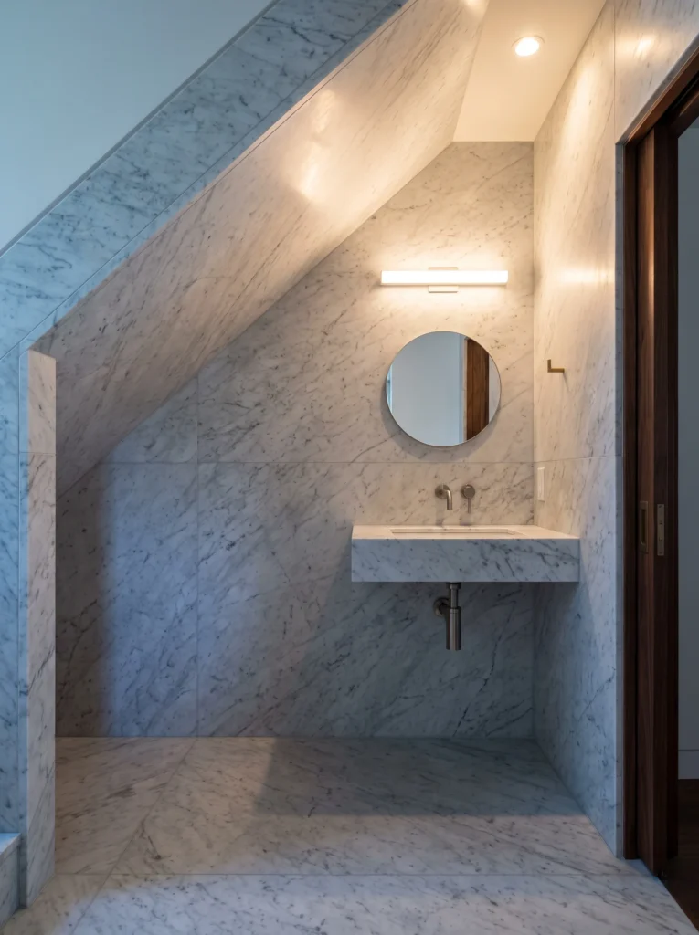 Attic bathroom fully clad in Carrara marble with a sloped ceiling, round mirror, linear sconce and floating marble sink ledge