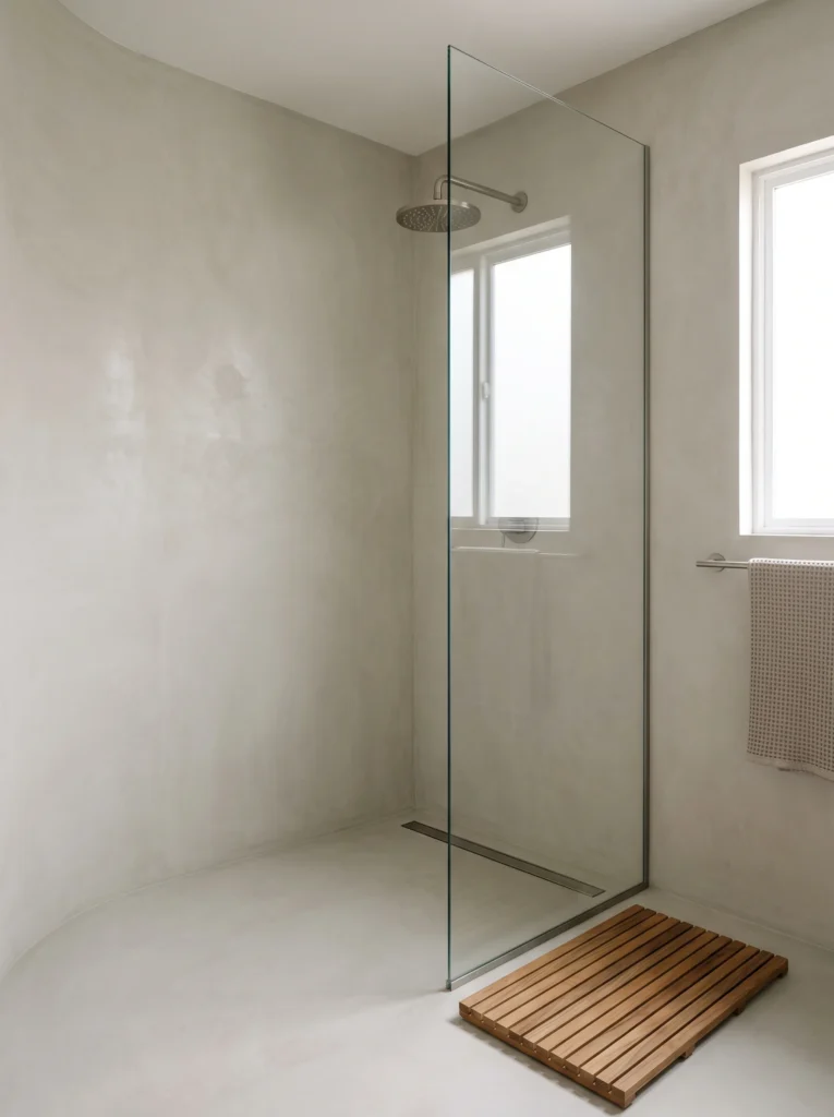 pale grey microcement wet room with curved corners, single glass panel and teak bath mat