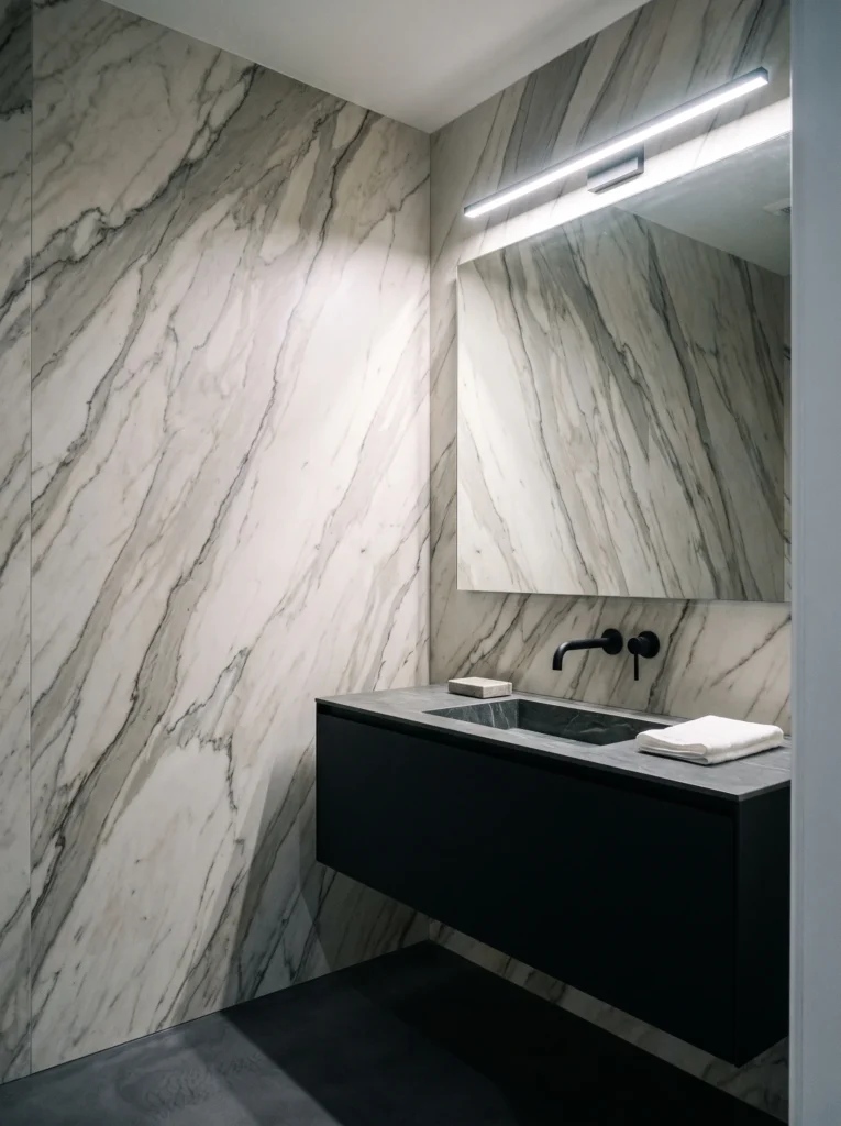 modern powder room with book-matched marble slab walls, black floating vanity, stone sink and linear LED light