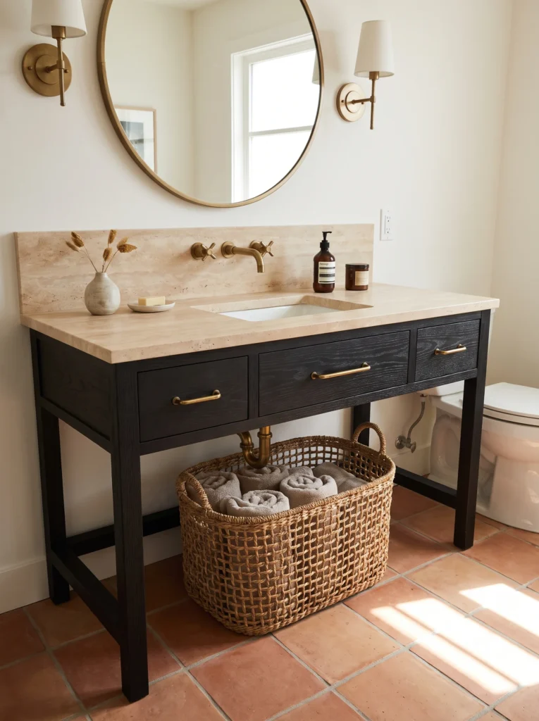 black vanity with a warm travertine countertop and a woven basket underneath
