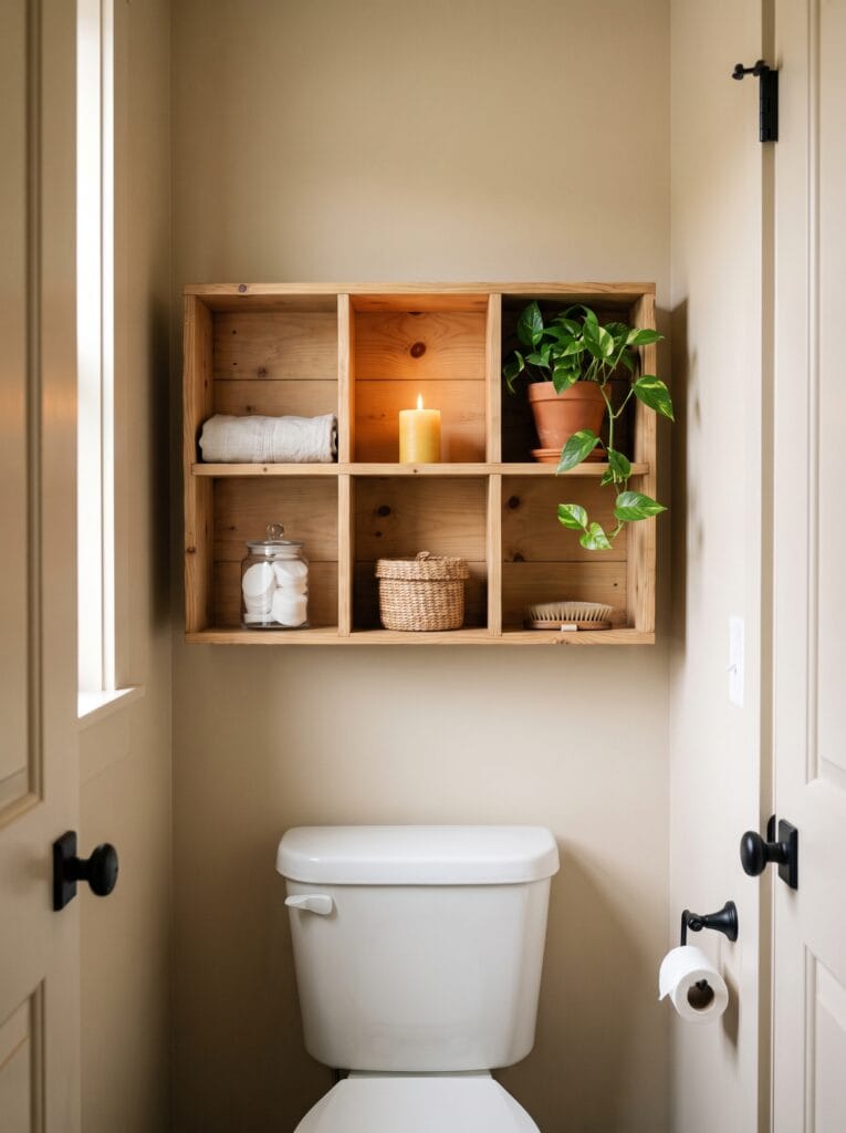 Pine crate shelf with six cubbies mounted above a toilet holding a rolled towel, lit candle, potted pothos, cotton round jar, lidded basket and a wood brush