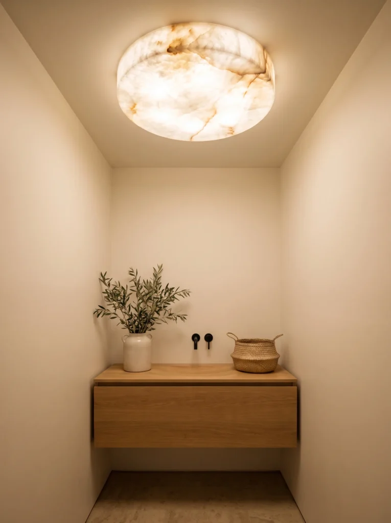 small windowless powder room with a large oval alabaster flush mount ceiling light glowing above a floating oak vanity