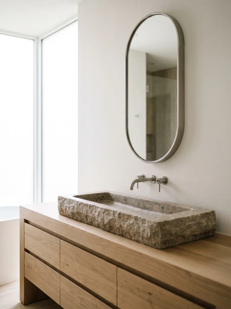  brushed nickel oval pill-shaped mirror on a white wall above a rough hewn stone trough sink on an oak vanity