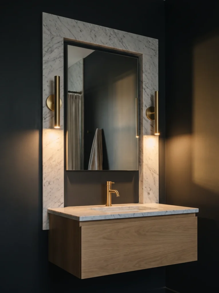 Dark charcoal bathroom wall with a Carrara marble slab panel, framed mirror, brass tube sconces and oak floating vanity
