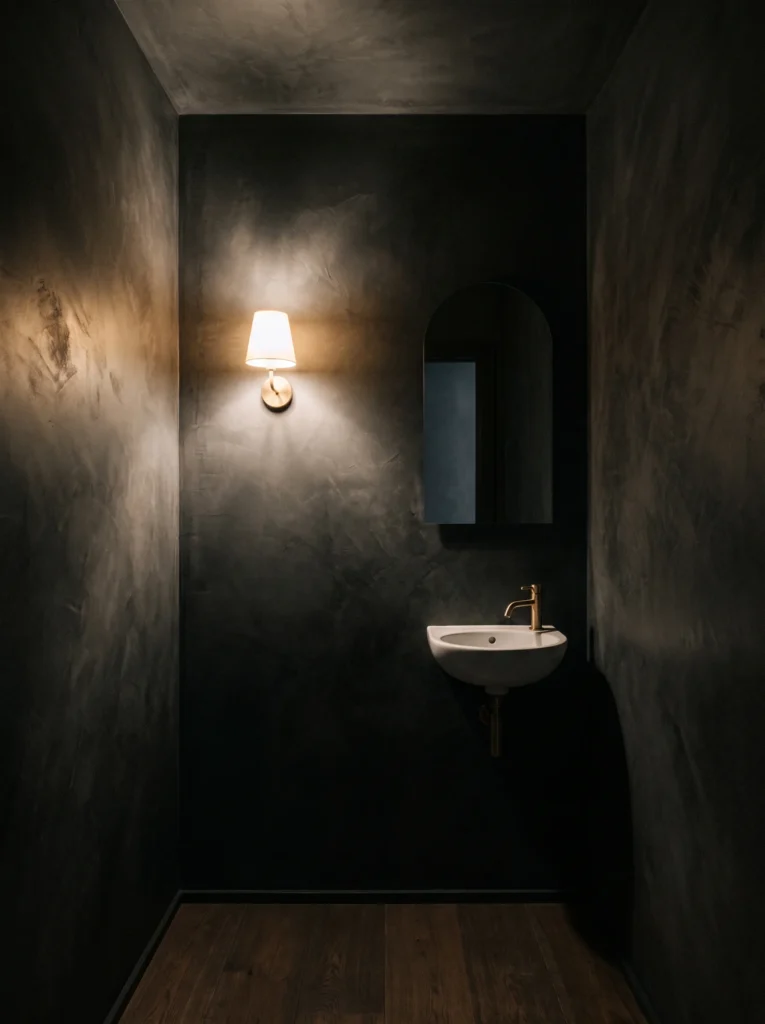 charcoal black microcement powder room with brass wall sconce, arched mirror and small white basin