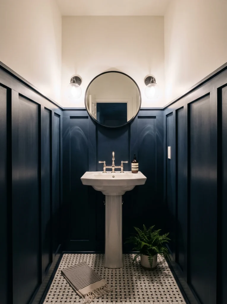 narrow powder room with navy board and batten paneling, white pedestal sink, round black mirror and basketweave tile floor