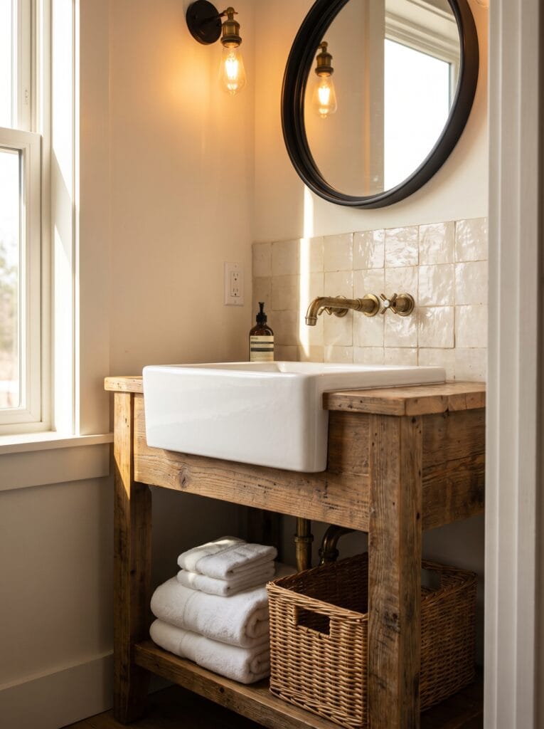 Corner bathroom vanity built from reclaimed wood with a white apron front farmhouse sink, wall mounted brass faucet, cream zellige tile backsplash and a round black mirror