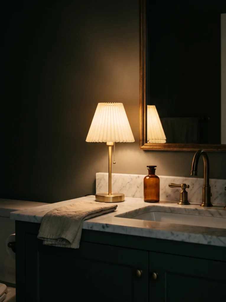 dark green bathroom vanity with marble counter and a small brass table lamp with pleated shade lit beside the sink