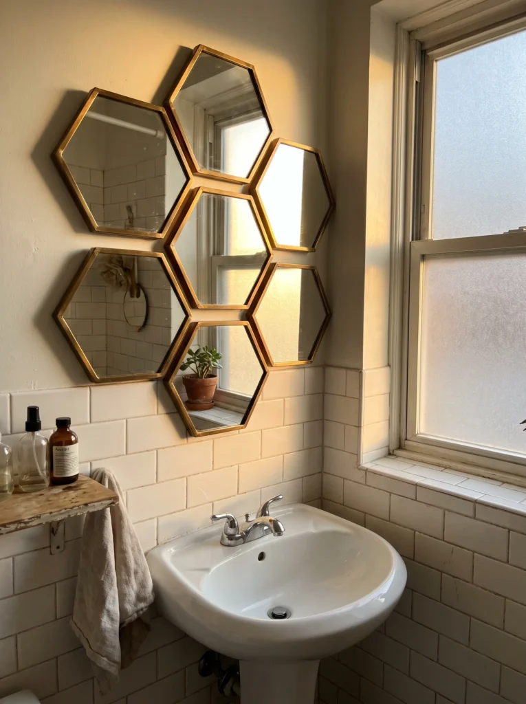 cluster of six gold hexagon mirrors arranged like a honeycomb on a cream wall above a white pedestal sink