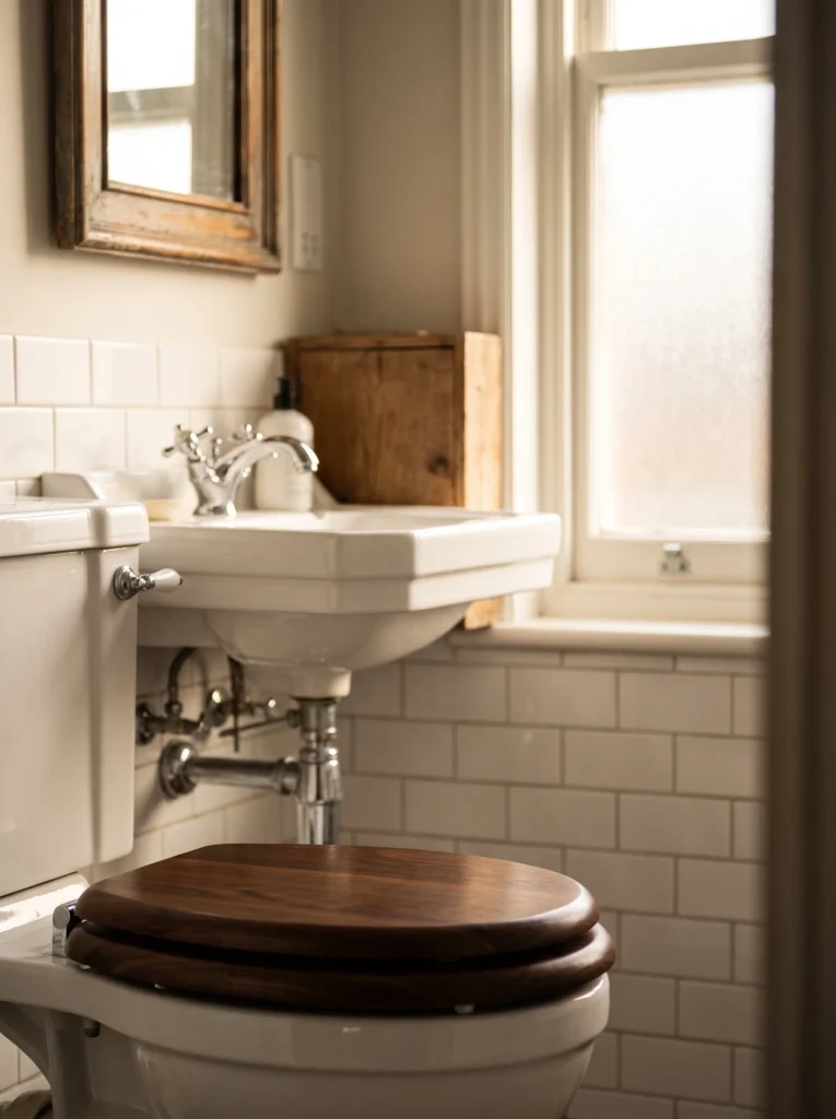 dark wood toilet seat and chrome cross-handle faucet in a small vintage-style bathroom