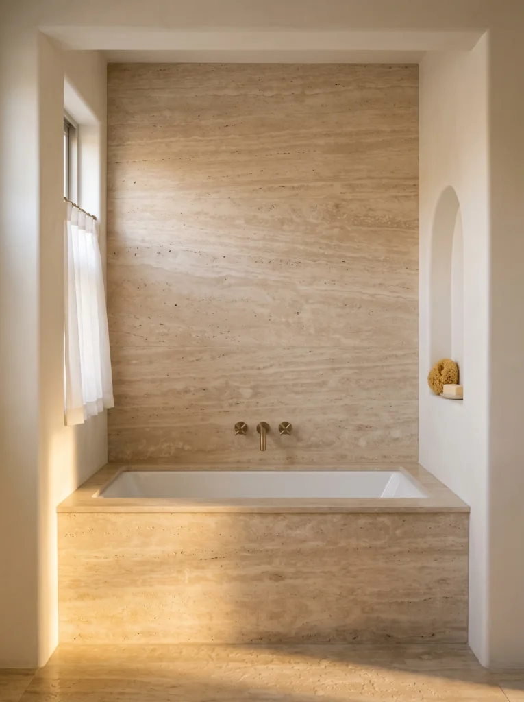 travertine clad bathtub alcove with white drop-in tub, brass wall filler and arched plaster niche
