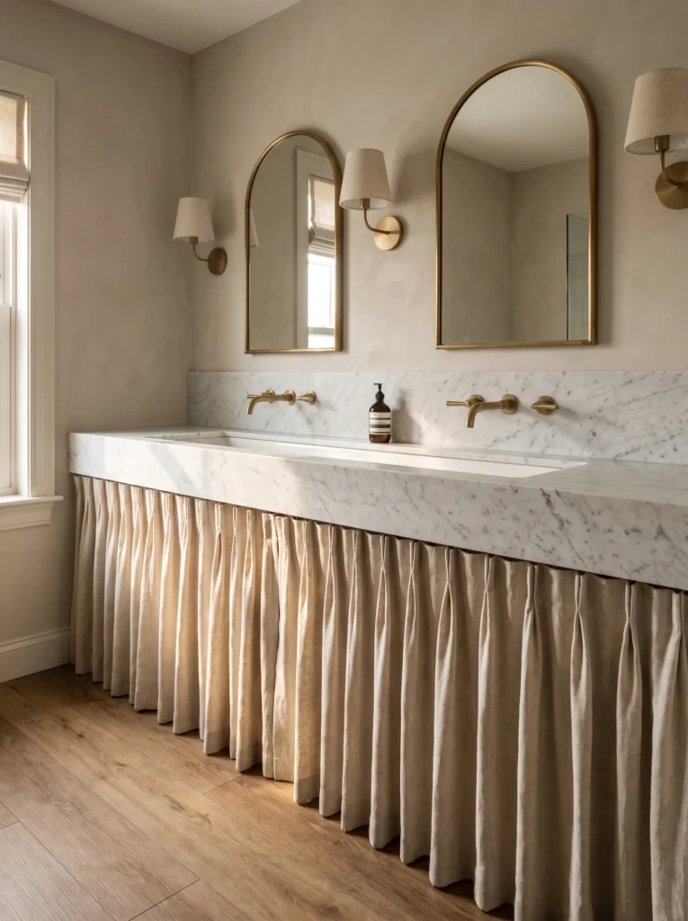 Double vanity with Carrara marble counter and backsplash, pleated linen skirt, twin arched brass mirrors and fabric shade sconces