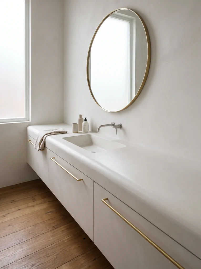 off white microcement vanity with integrated sink, brass round mirror and brass bar handles