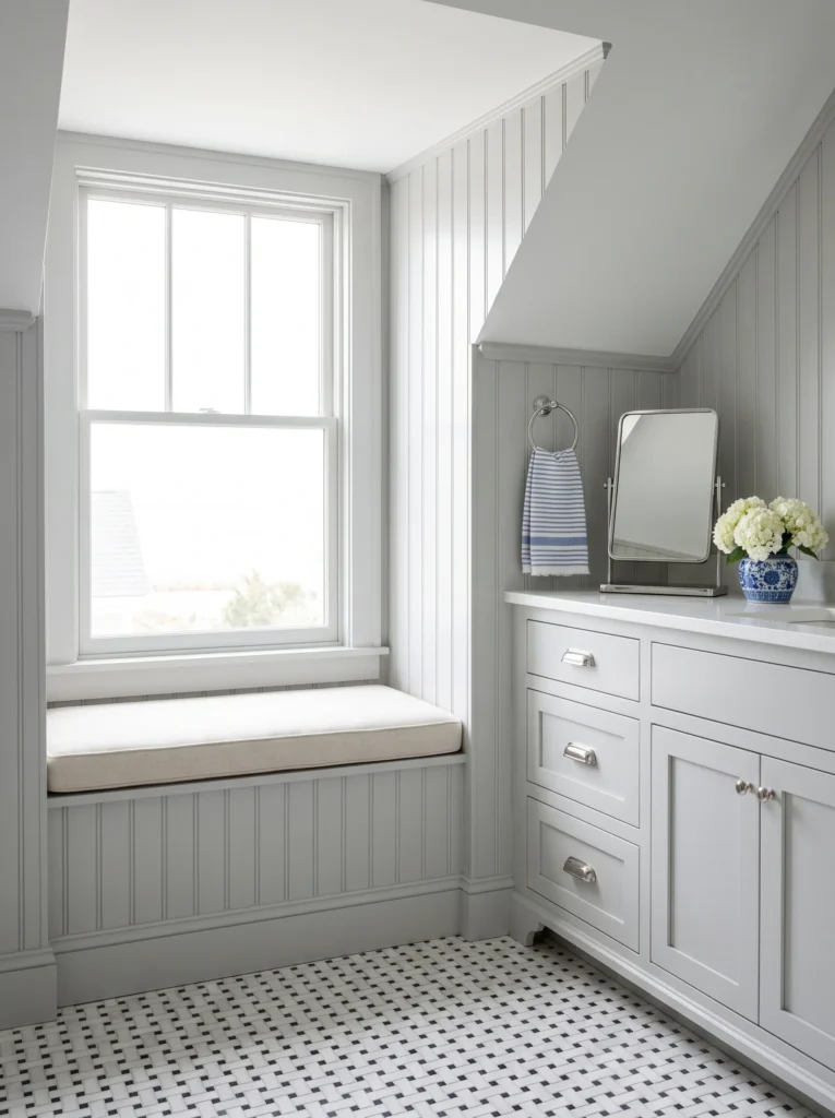 Coastal upstairs bathroom with a cushioned window seat built into the dormer, dove grey beadboard walls and a black and white basketweave marble floor