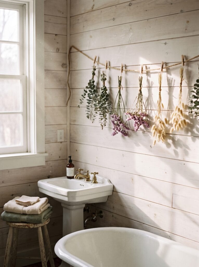 Whitewashed shiplap bathroom with a jute twine line holding bundles of eucalyptus, dried statice and bunny tail grass above a pedestal sink and clawfoot tub