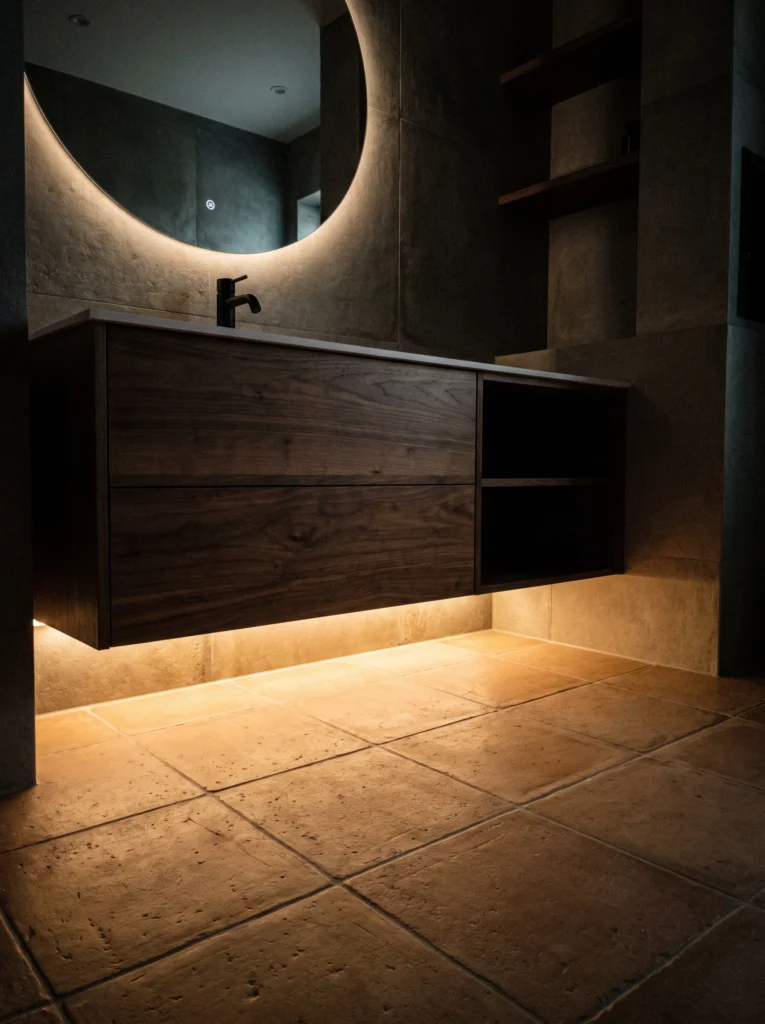 dark walnut floating vanity with LED toe-kick lighting glowing onto an aged stone tile floor and a backlit round mirror