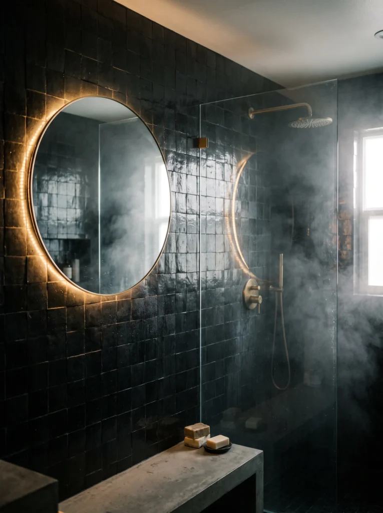 round backlit LED mirror glowing against a wall of glossy black zellige tile beside a steamy walk-in shower
