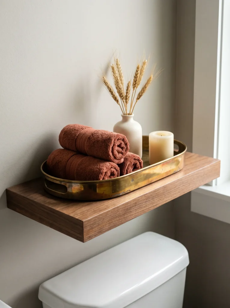 Walnut floating shelf above a toilet holding an oval brass tray with three rolled rust towels, a cream vase of dried wheat, and a pillar candle