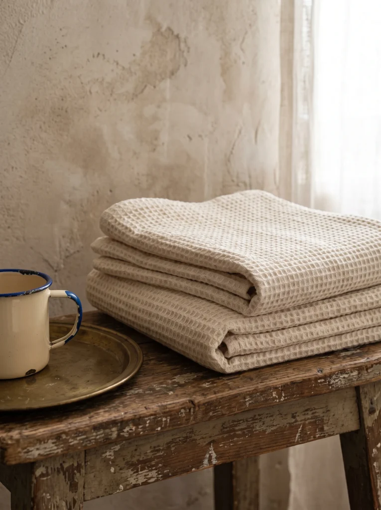 cream waffle weave towels folded on a wooden stool next to a small brass tray