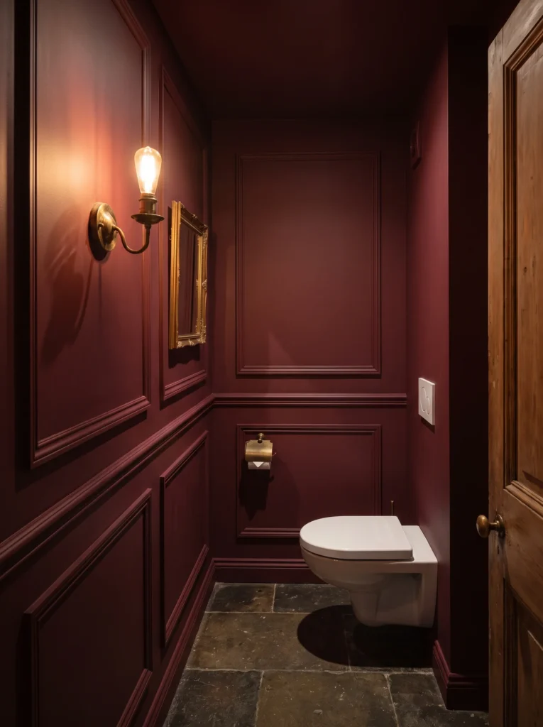 Deep burgundy toilet room with panel mouldings, antique brass sconce, gold framed mirror and stone flagstone floor