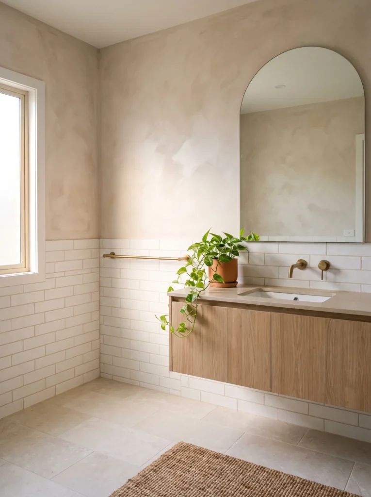 beige limewash walls above white subway tile wainscot with floating oak vanity and arched mirror
