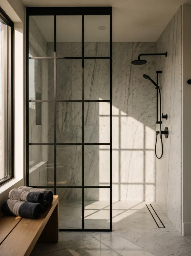 Walk-in marble shower with a black grid glass screen, matte black rainfall shower, linear drain and oak bench