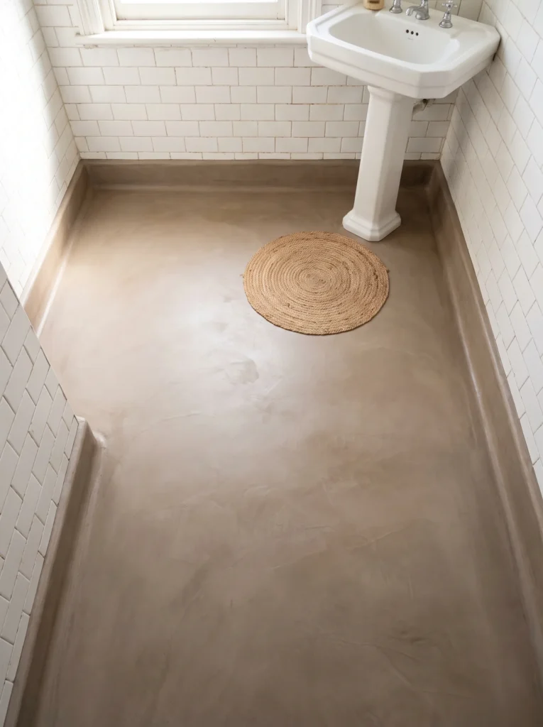 taupe microcement bathroom floor poured over old tile with white subway walls and jute round rug