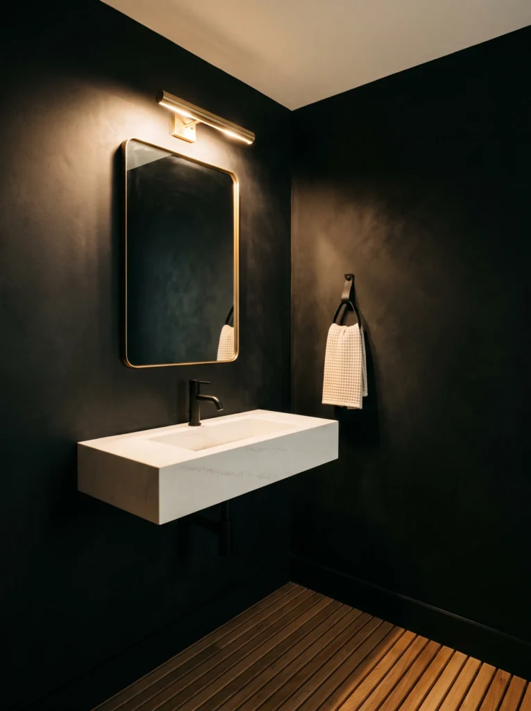 dark limewash powder room with white stone floating sink, brass framed mirror, picture light and teak slat floor