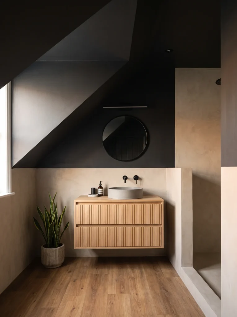 Upstairs bathroom with a matte black painted ceiling slope above warm oatmeal microcement walls, a light oak fluted vanity, round black mirror and concrete basin