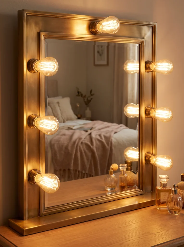 vanity mirror lit by warm 2700K bulbs showing rich brass tones