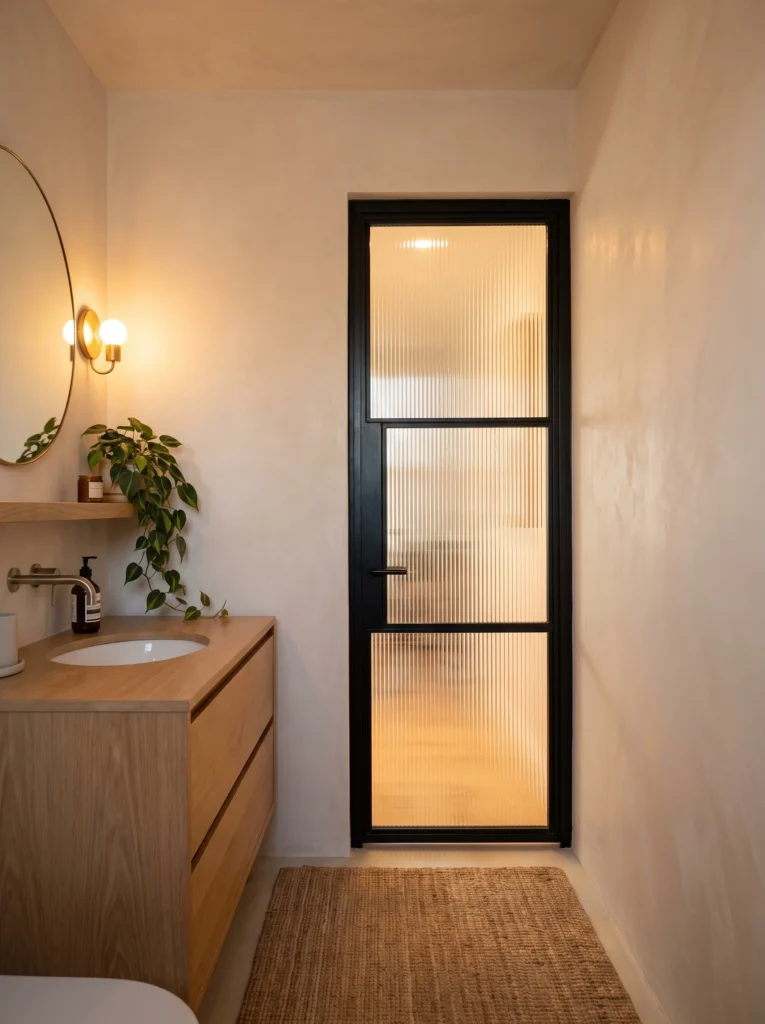 bathroom with a tall black framed reeded glass door glowing warm, oak vanity, round brass mirror and brass sconce