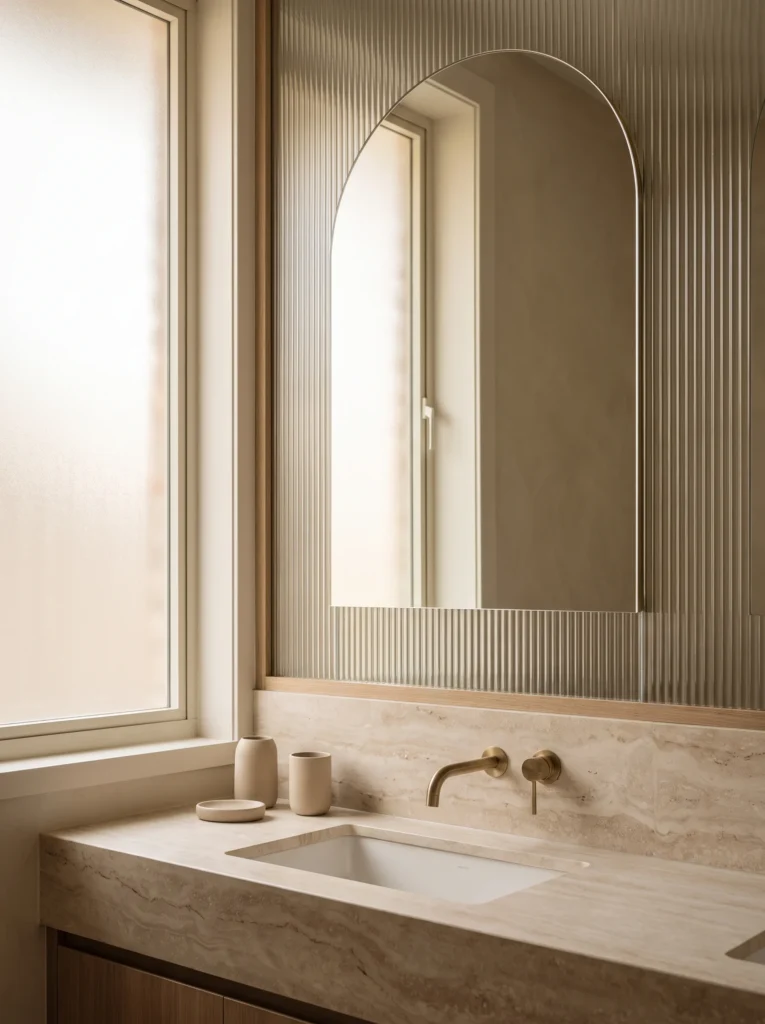 frameless arched mirror mounted on a ribbed fluted glass panel above a travertine counter with brass wall taps