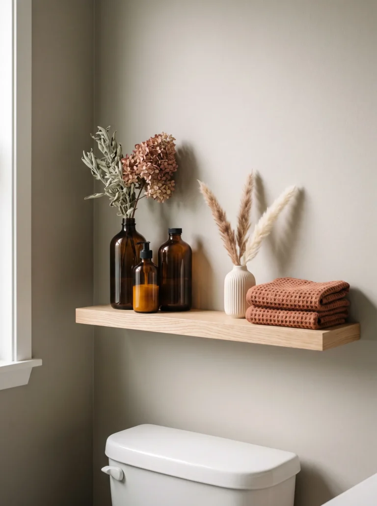 White oak shelf above a toilet holding three amber glass bottles with dried hydrangea and sage stems, a ribbed white vase of pampas, and folded rust waffle towels