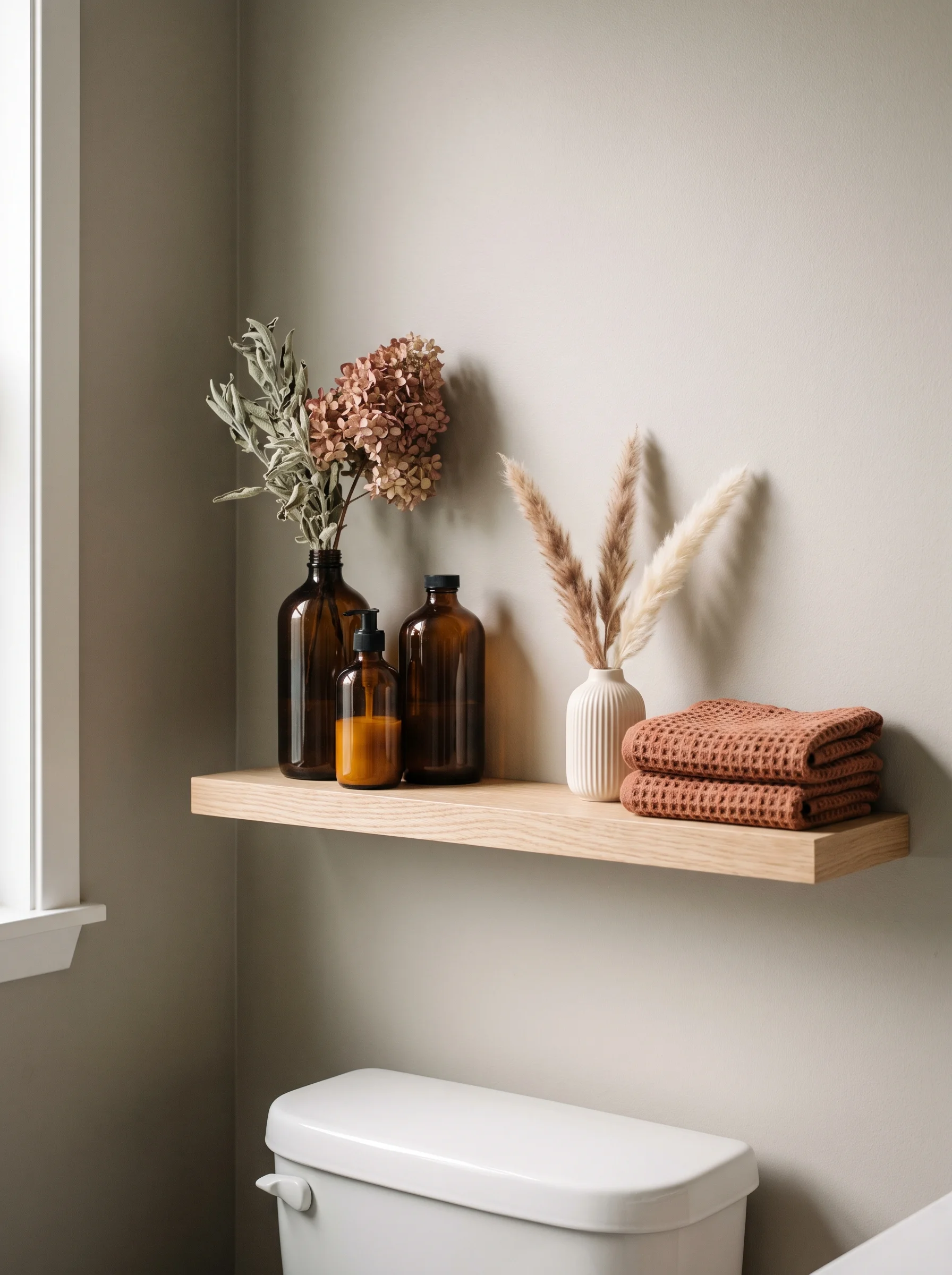 White oak shelf above a toilet holding three amber glass bottles with dried hydrangea and sage stems, a ribbed white vase of pampas, and folded rust waffle towels