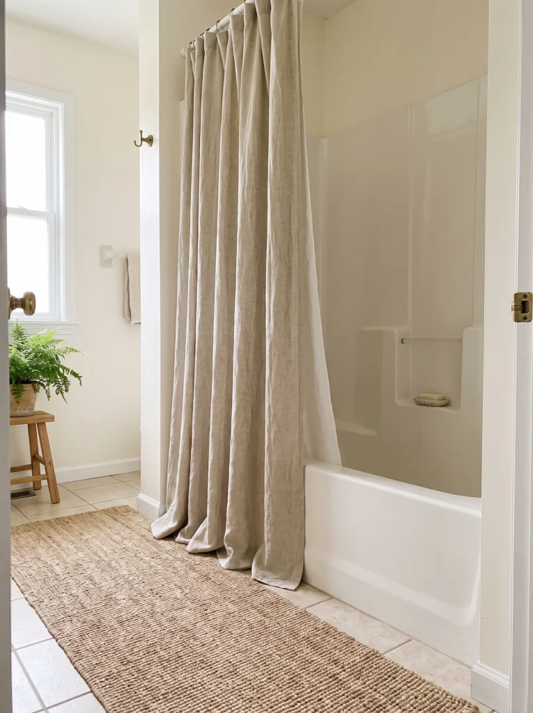 fiberglass tub surround softened by a floor-to-ceiling linen shower curtain and a jute runner over beige tile