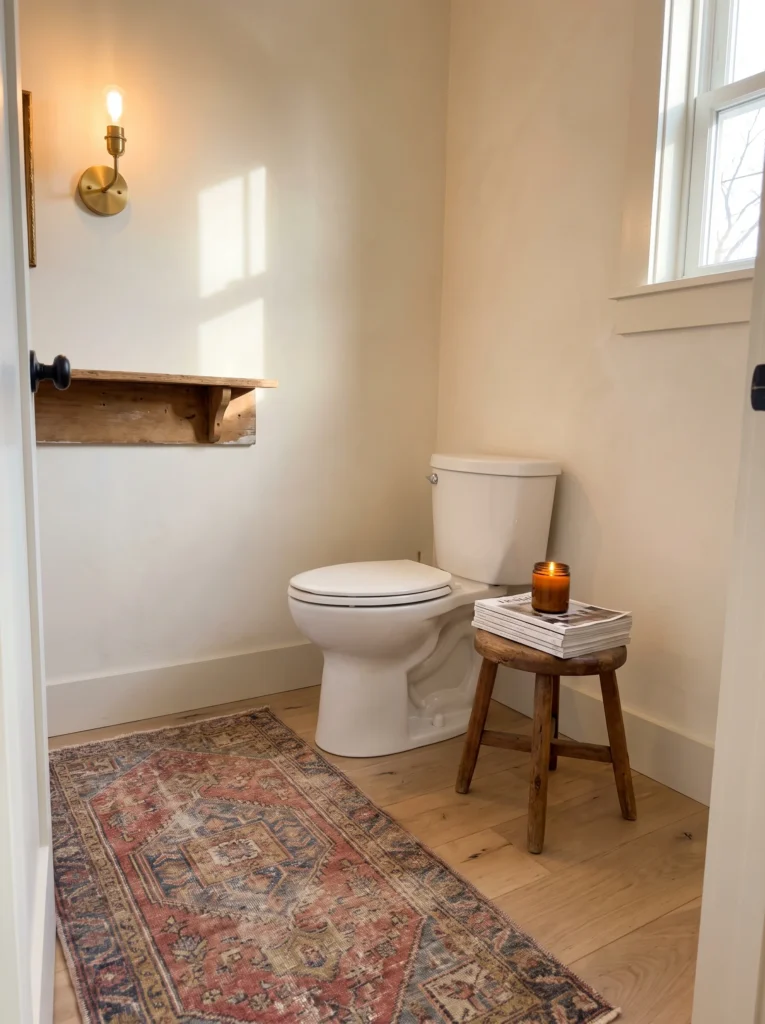 Cream farmhouse toilet room with antique wood wall shelf, brass sconce, worn Persian runner and wooden stool