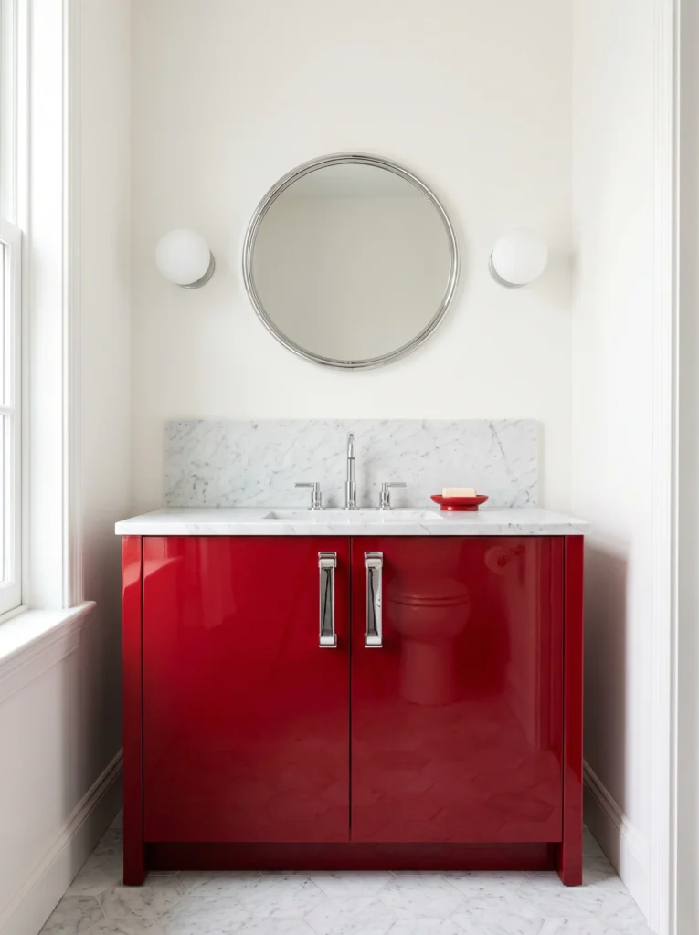 Small bathroom with glossy red lacquer vanity, Carrara marble countertop and backsplash, round chrome mirror and globe sconces