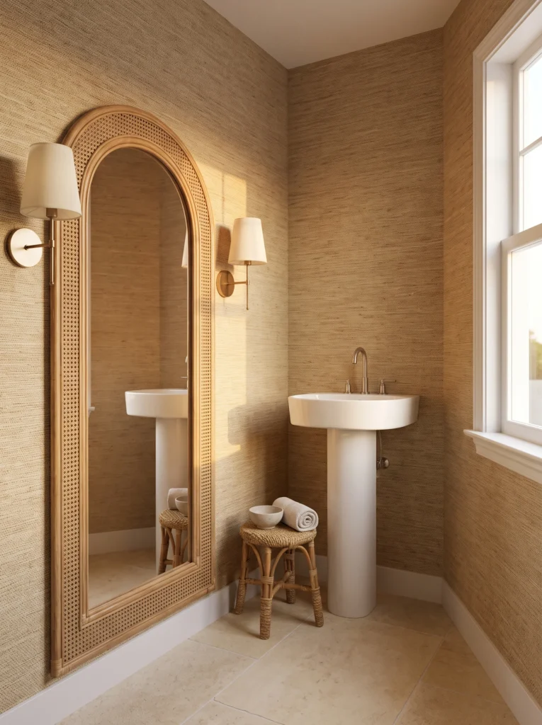 coastal powder room with natural grasscloth wallpaper, arched cane framed floor mirror and white pedestal sink