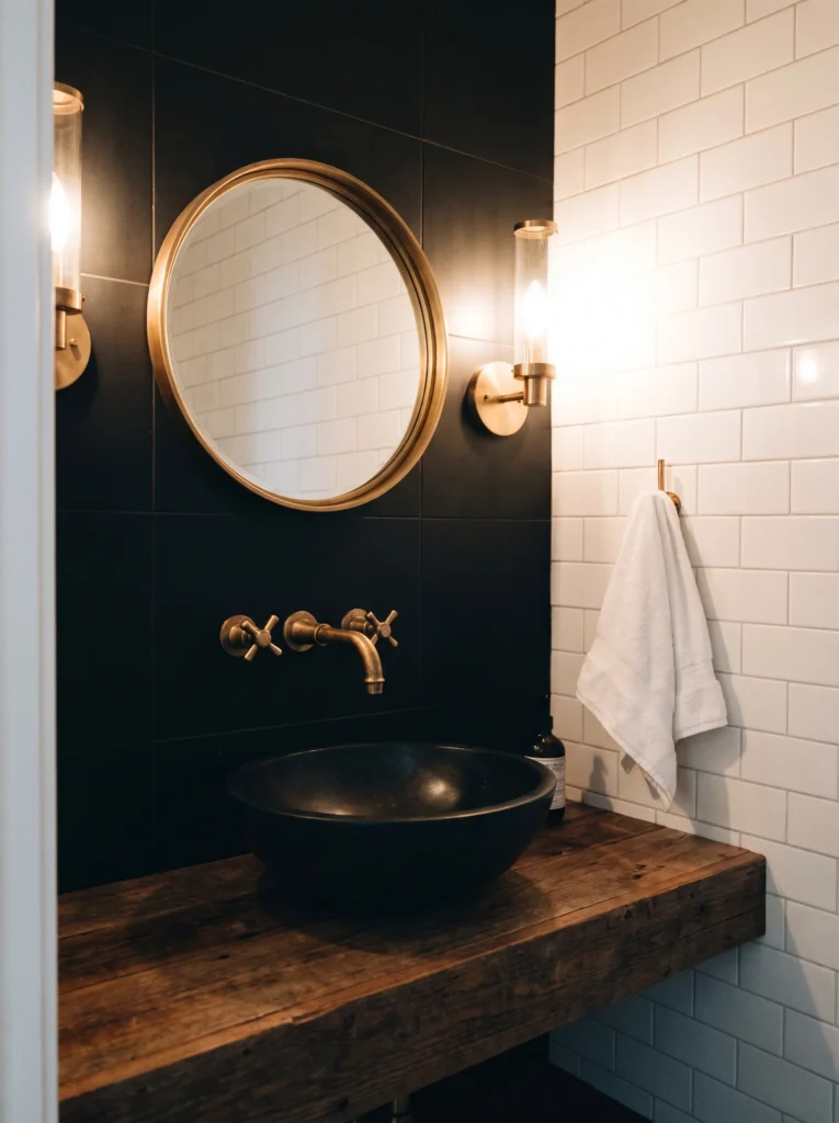 black vanity wall with brass faucet as the visual focus of a small bathroom