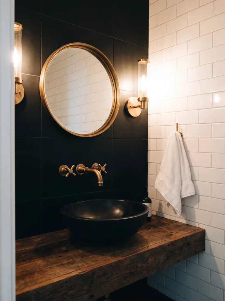 black vanity wall with brass faucet as the visual focus of a small bathroom