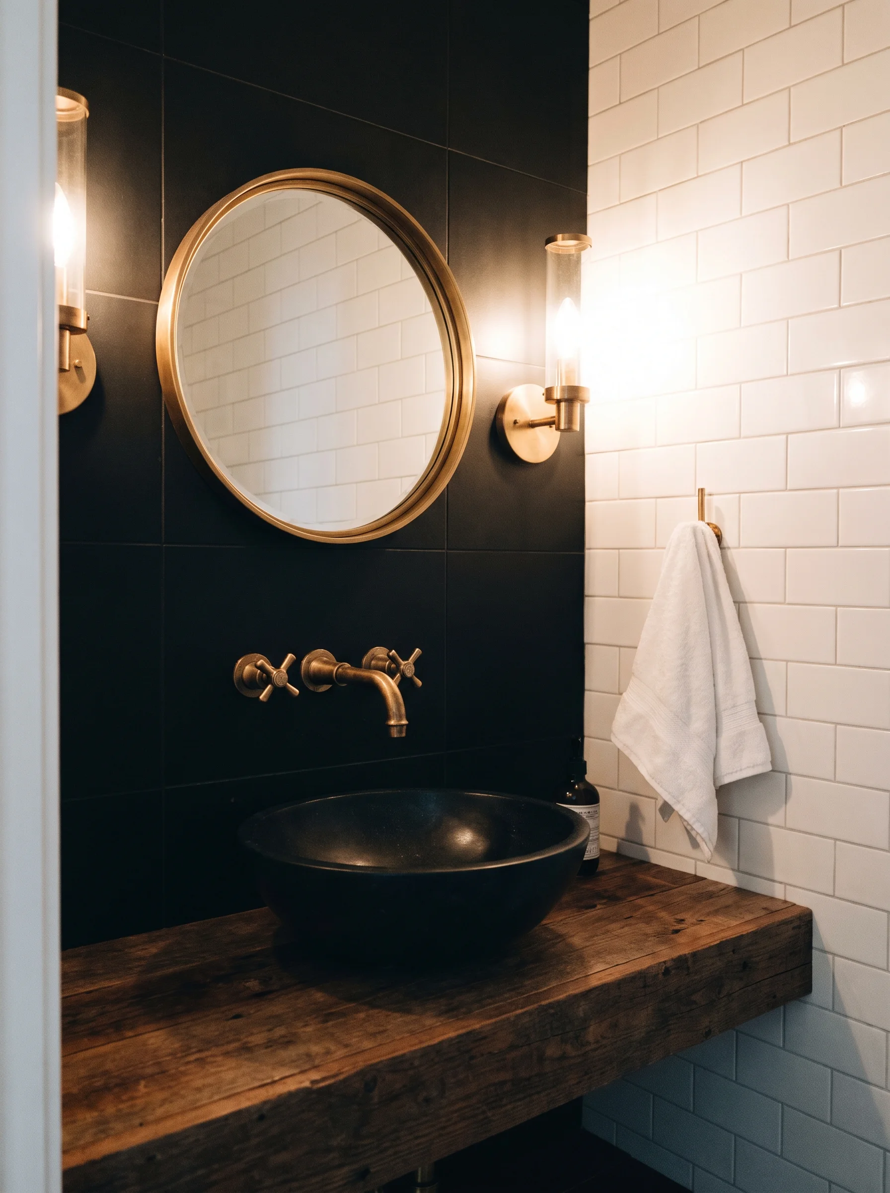 black vanity wall with brass faucet as the visual focus of a small bathroom