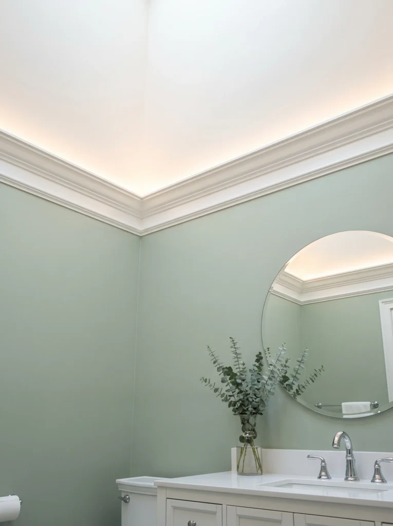 sage green bathroom with white crown molding and hidden cove lighting glowing along the ceiling above a round mirror