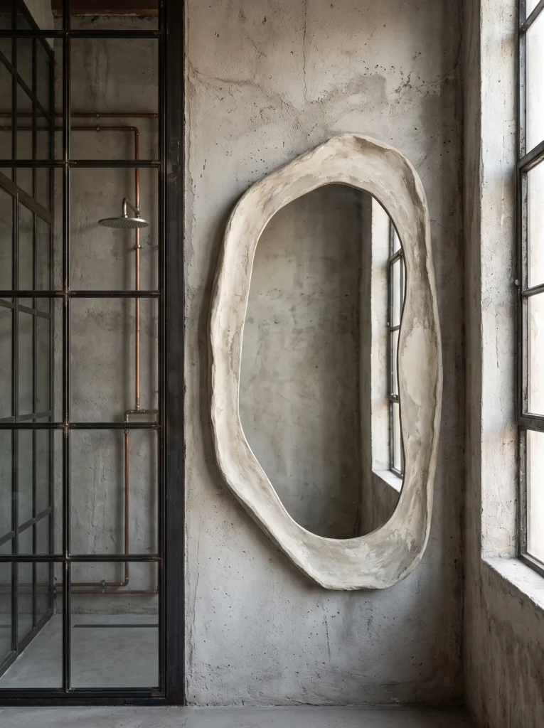 irregular organic plaster framed mirror hanging on a rough concrete wall next to a black steel shower enclosure