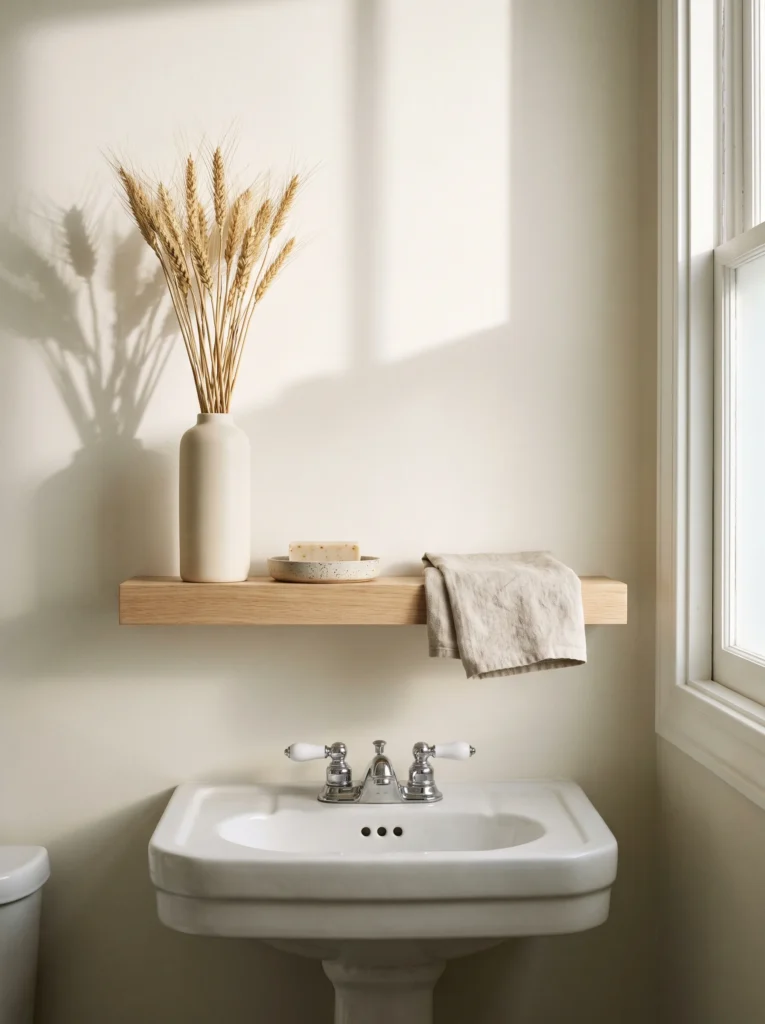 Oak ledge above a pedestal sink holding a tall matte cream vase of dried wheat, a speckled stoneware soap dish with oatmeal soap, and a linen towel draped over the end