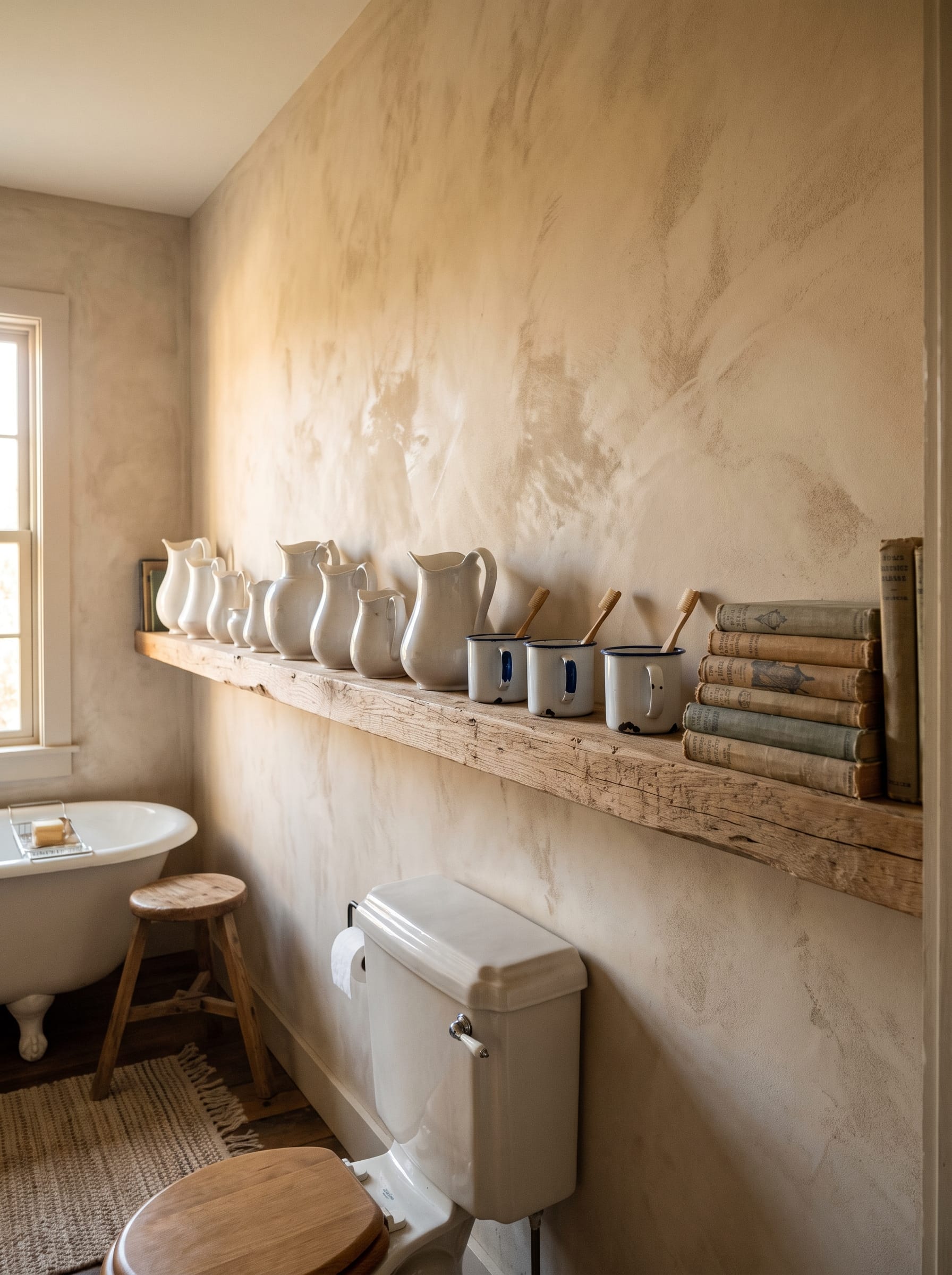 Long reclaimed wood ledge shelf on a limewashed wall holding white ironstone pitchers, three enamel mugs with bamboo toothbrushes and a stack of antique cloth books