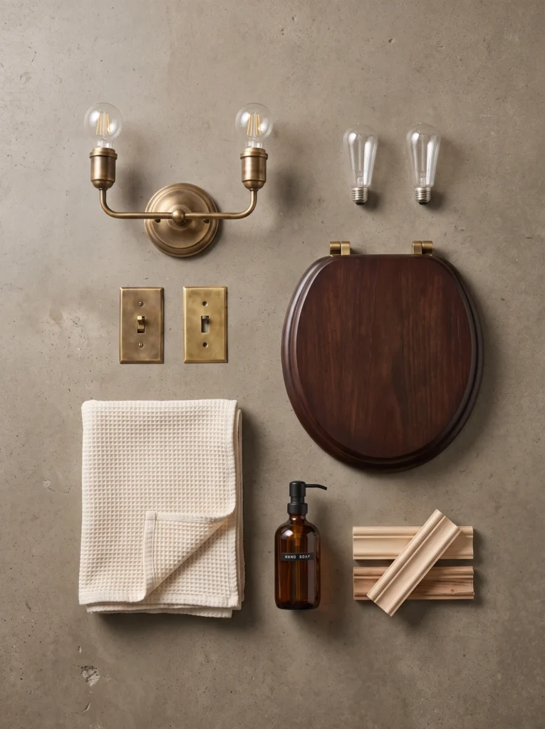 flat lay of vintage bathroom upgrade supplies including sconce, bulbs, switch plates, and wood toilet seat with price tags
