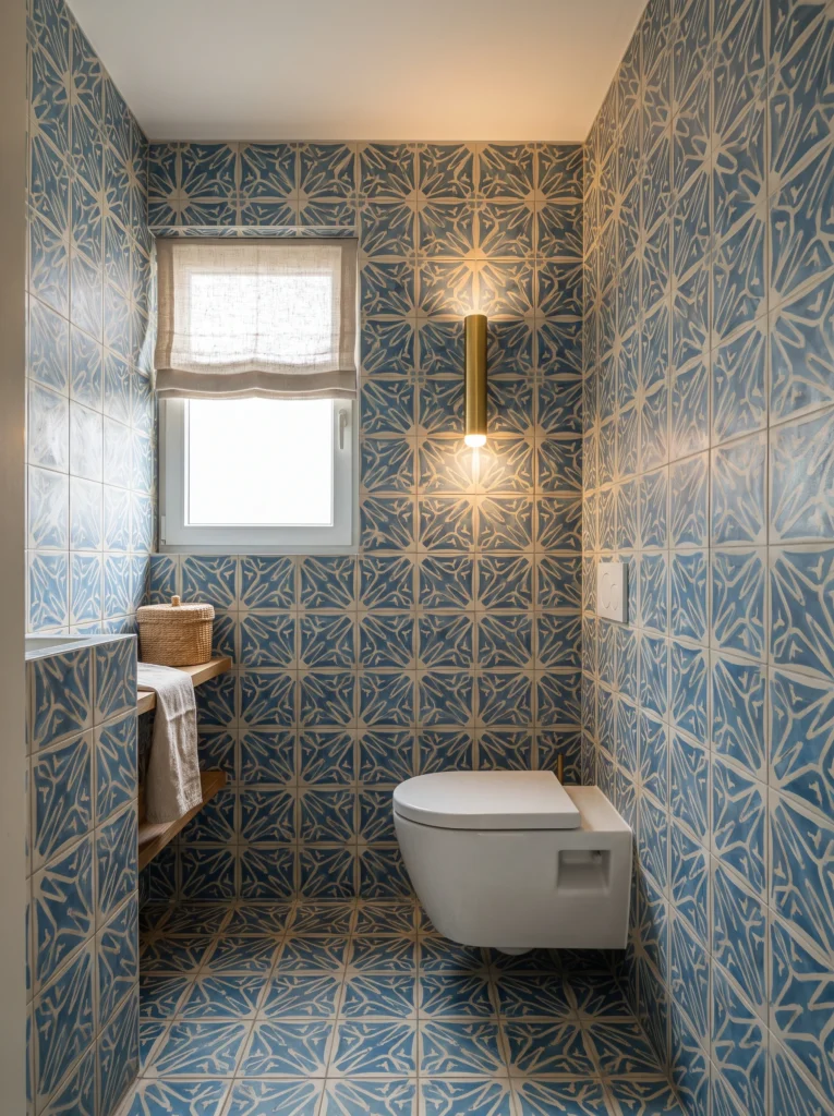 Small toilet room fully tiled in blue and cream patterned cement tile with brass tube sconce and linen roman shade